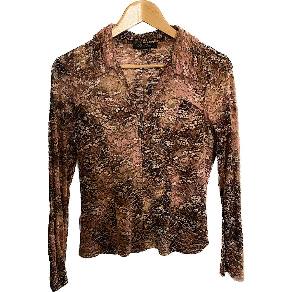 Fairycore Mesh Lace Pink & Earthy Tones Long Sleeves Top